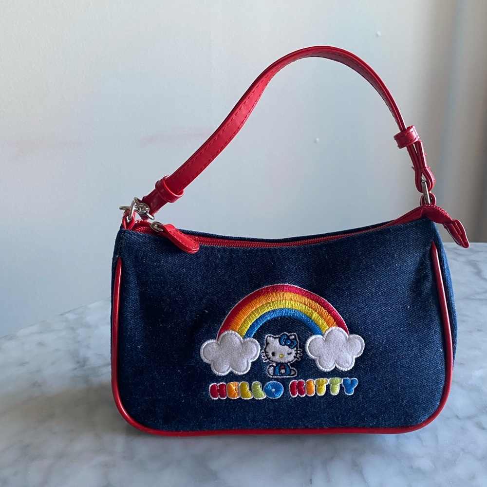 ✨ SOLD ✨Vintage Rare Sanrio Denim Hello Kitty Purse with embroidered rainbow